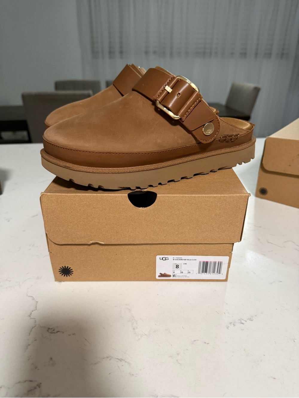 UGG Chestnut Suede Slide Clog with Gold Buckle